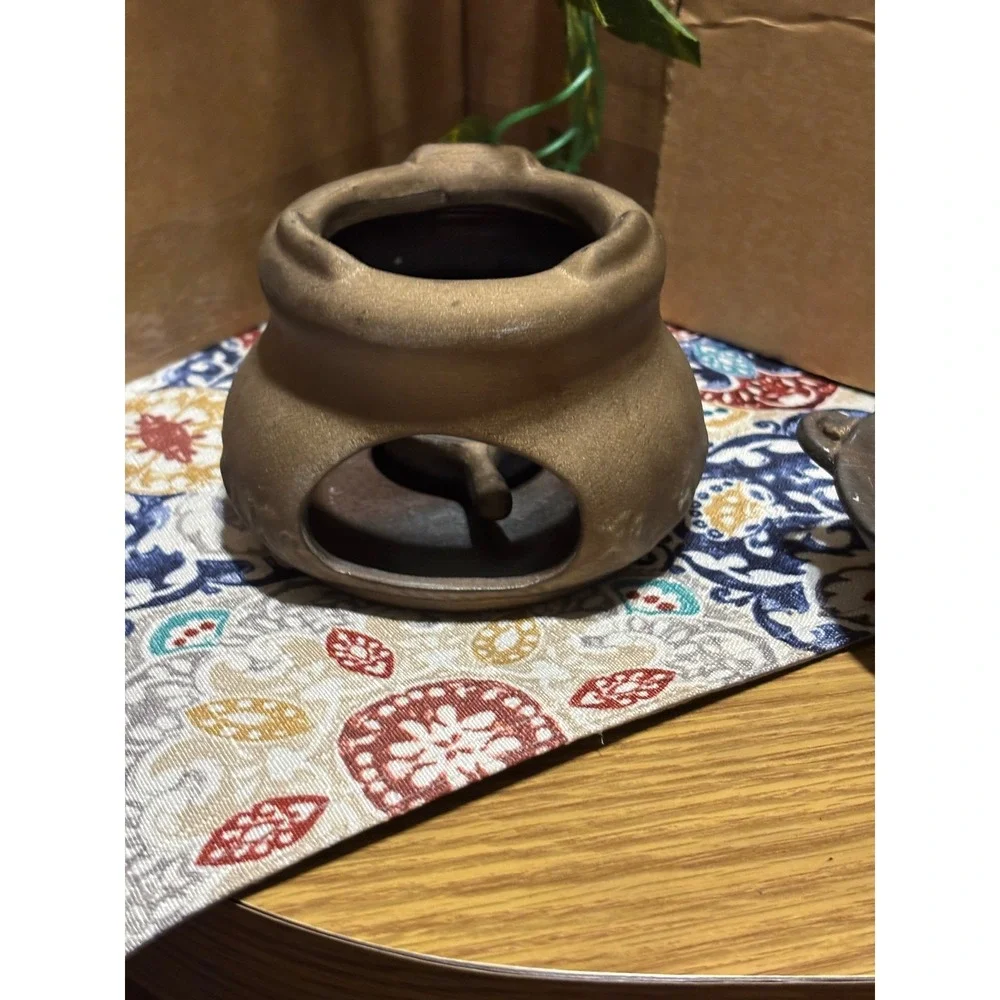 Ceramic Cauldron Tea Light Oil Wax Warmer Bronze Embossed Scroll 3-Piece Set